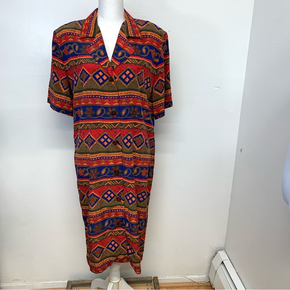 Vintage 90s Silk Dress 10 Button Front Belt Southwest Print Shift Lightweight - Picture 4 of 8